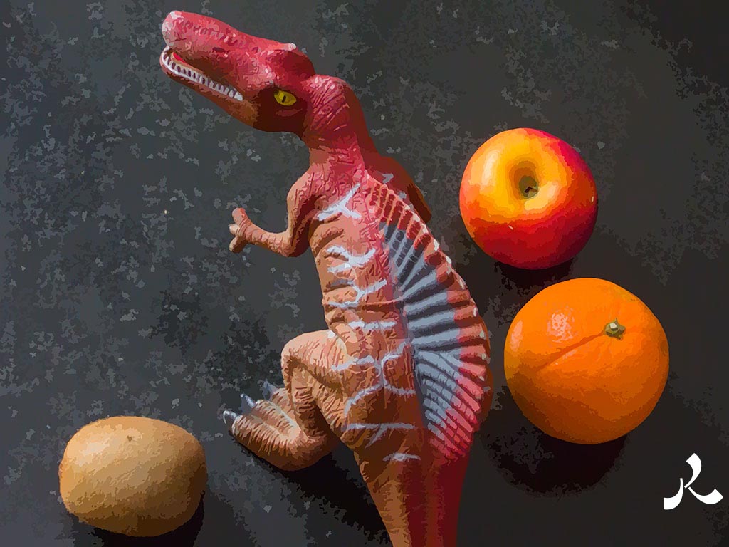 trois fruits et un dinosaure
